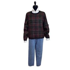 Paul Harris Design VTG 90s Mohair Blend Plaid Sweater Blue Green Red Woman's XL